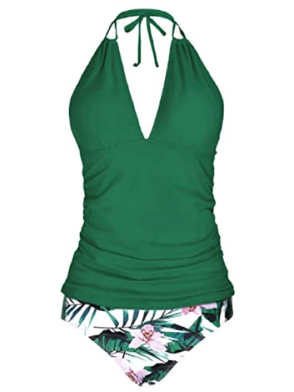 Yonique Halter Ruched Tankini Top and Tropical Briefs Emerald Green Size XL NWT
